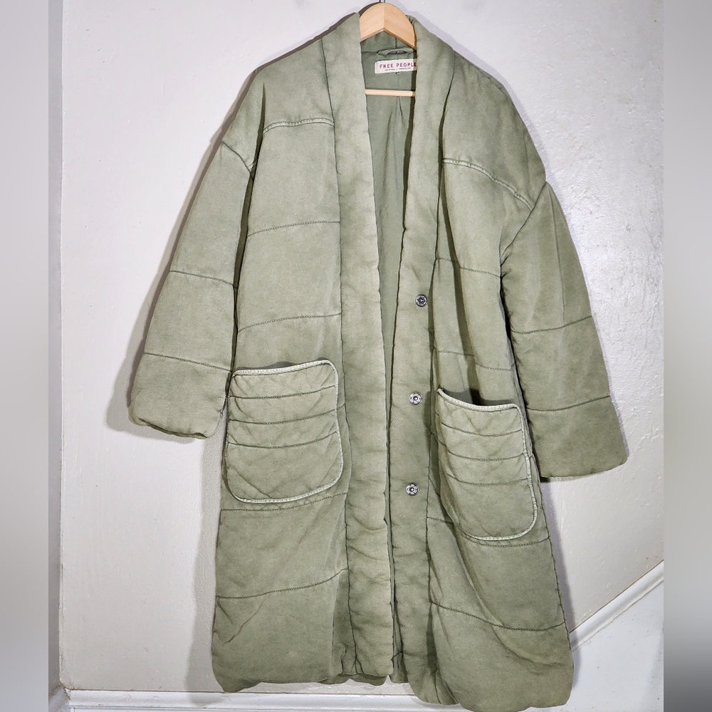 Free People Quilted Padded Long Coat in Sage Green